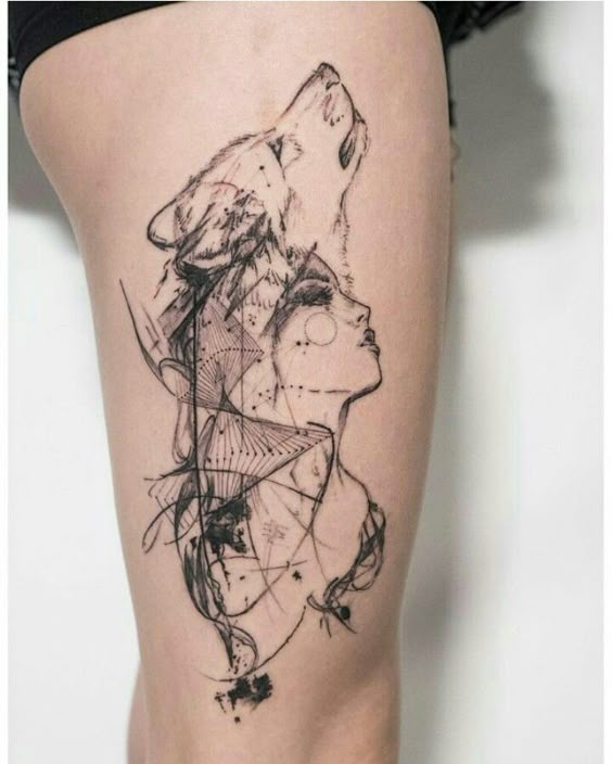 Beautiful tattoo. Really really love this! Wolf and woman