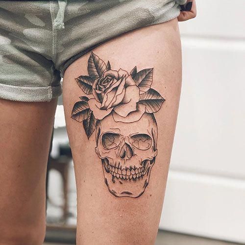 Easy Thigh Skull Tattoos - Best Thigh Tattoos For Women: Cute Leg Tattoos on Upper, Side, and Back Thigh - Pretty Cool Female Thigh Tattoo Designs and Ideas #womentattoo #tattoosforwomen #tattooideas #tattoodesigns #girltattoos #tattoos #bestgirltattoos