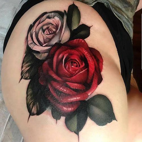 Rose Thigh Tattoo For Women - Best Thigh Tattoos For Women: Cute Leg Tattoos on Upper, Side, and Back Thigh - Pretty Cool Female Thigh Tattoo Designs and Ideas #womentattoo #tattoosforwomen #tattooideas #tattoodesigns #girltattoos #tattoos #bestgirltattoos
