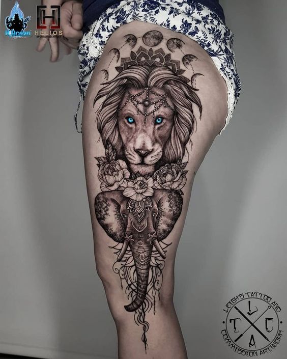 Lion and elephant thigh piece Insta: @leigh_tattoos Fb: leighstca For all bookin... - #bookin #Elephant #FB #insta #leighstca #leightattoos #lion #piece #thigh