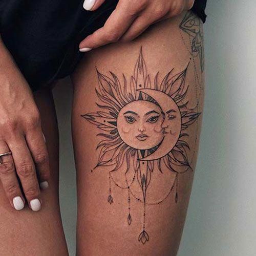 Sun and Moon Thigh Tattoos - Best Thigh Tattoos For Women: Cute Leg Tattoos on Upper, Side, and Back Thigh - Pretty Cool Female Thigh Tattoo Designs and Ideas #womentattoo #tattoosforwomen #tattooideas #tattoodesigns #girltattoos #tattoos #thightattoos