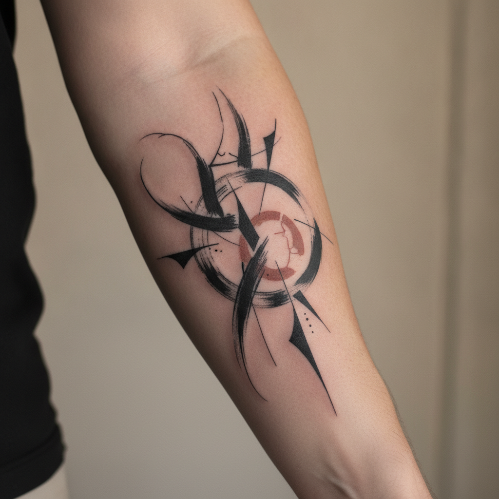 Close-up detail of a healed abstract forearm tattoo with black brushstrokes, geometric fragments, and a single red accent