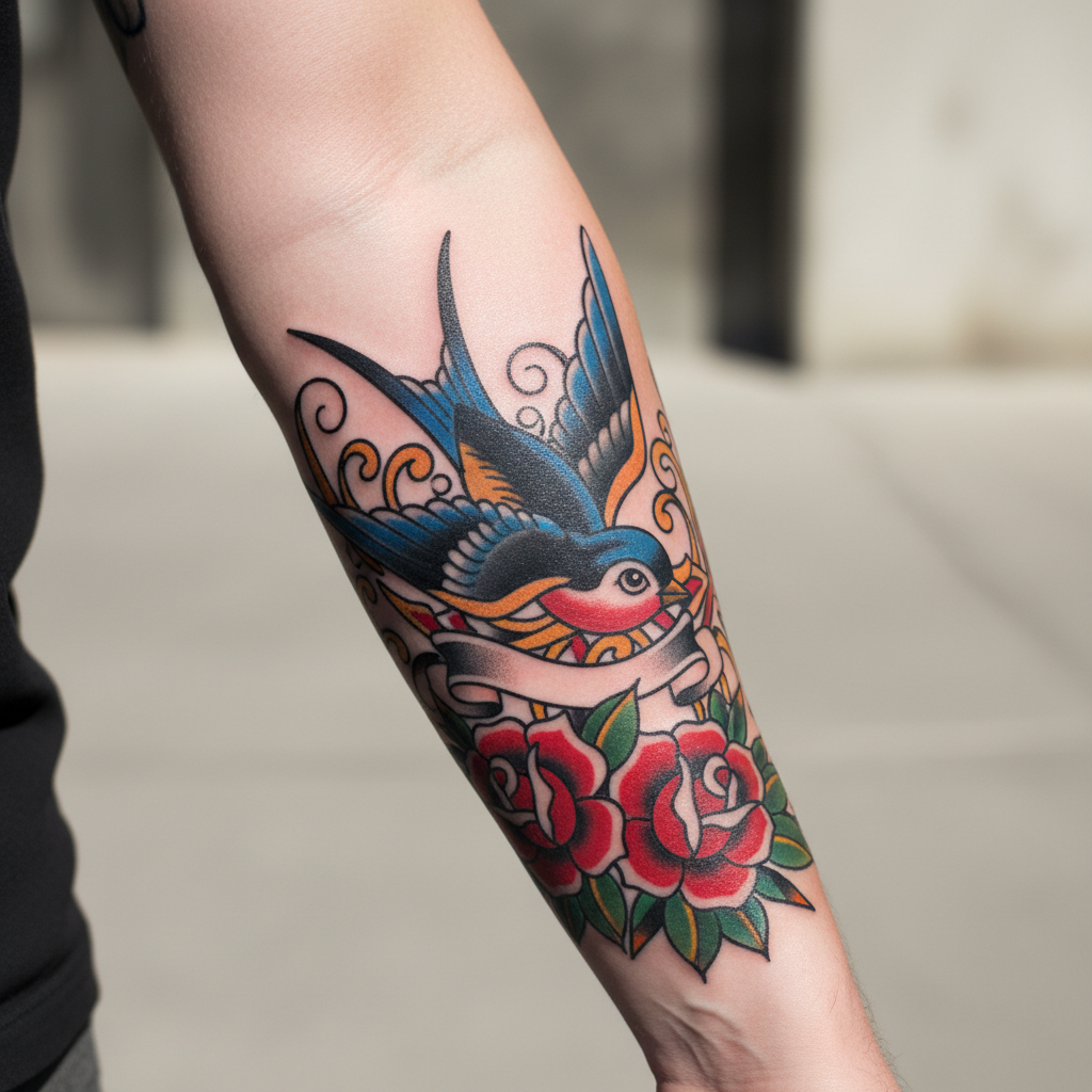 Bold traditional swallow and rose tattoo on a Caucasian man's forearm with heavy black outlines and saturated red