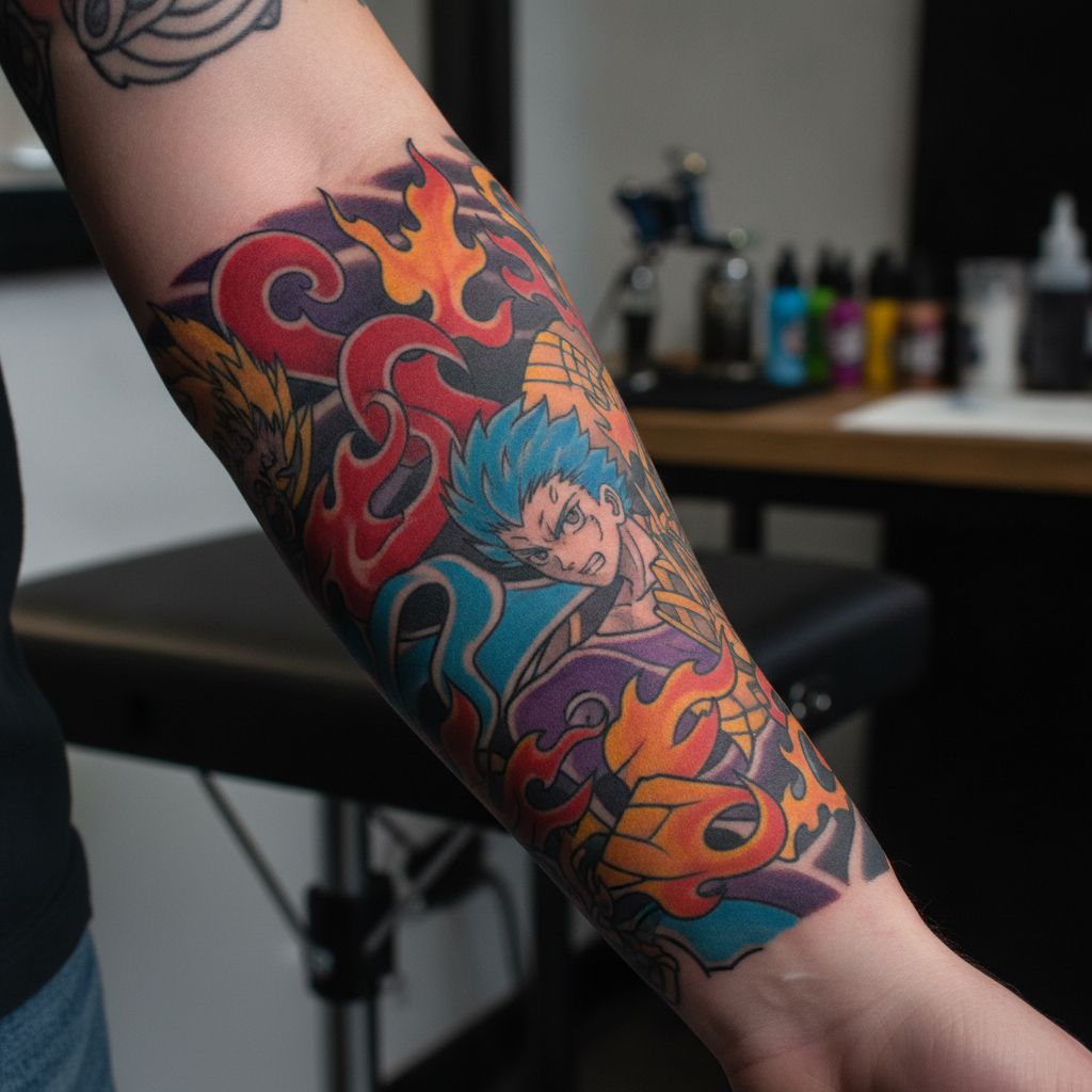 Vibrant color anime tattoo close-up on a forearm