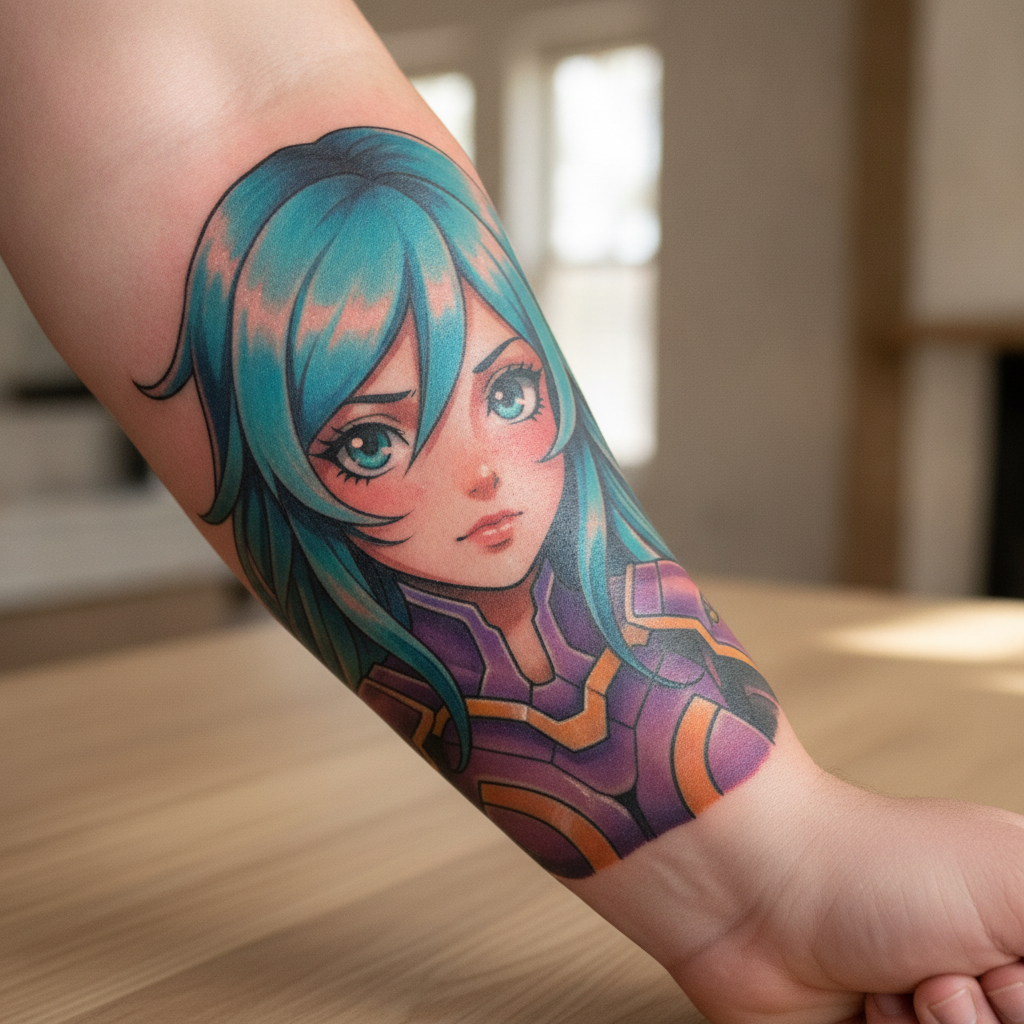 Close-up of an anime style tattoo on a forearm showing cel-shaded color and bold black outlines