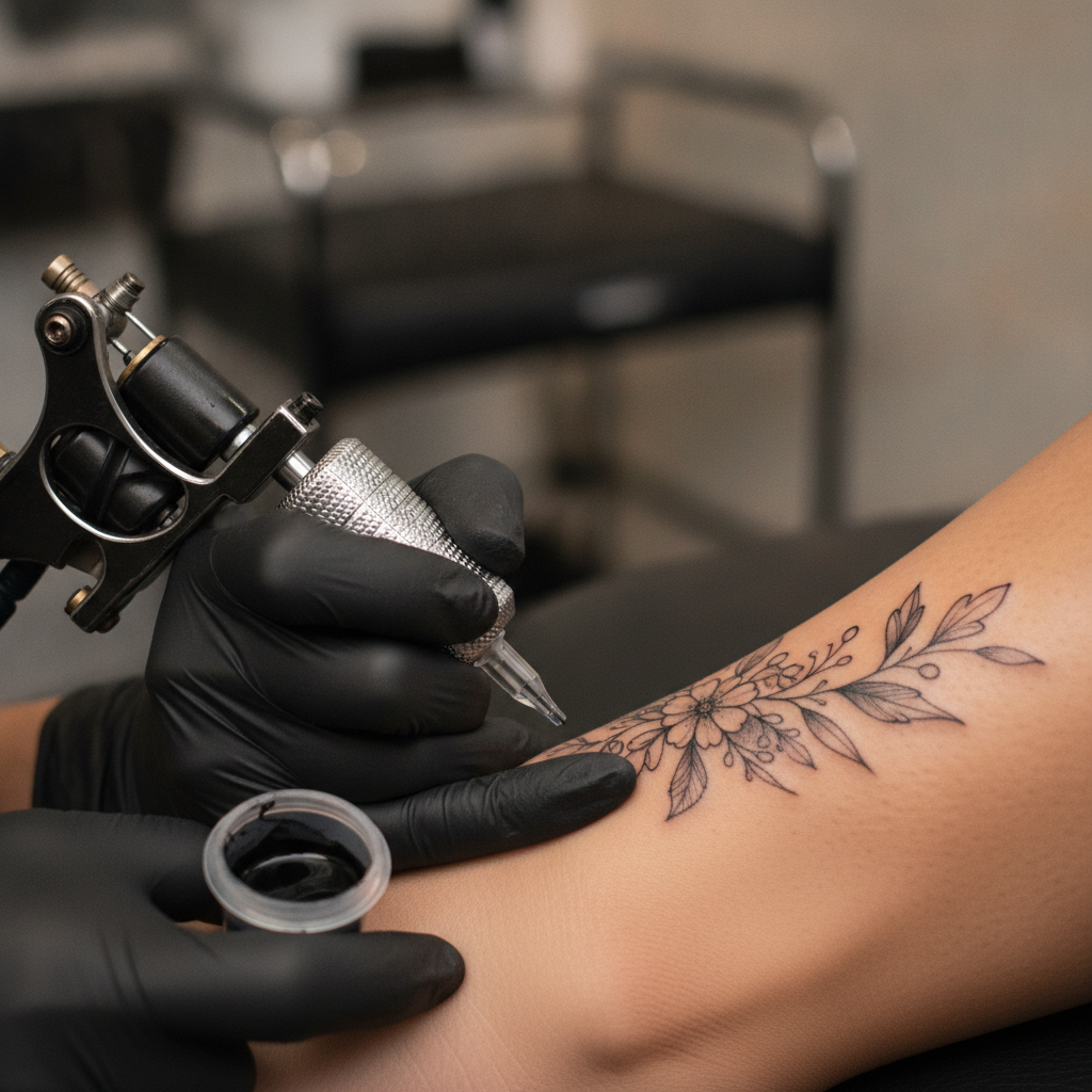Tattoo artist working on a small black-and-grey botanical ankle tattoo