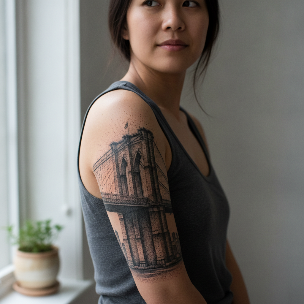 Black-and-grey dotwork tattoo of a suspension bridge wrapping an upper arm