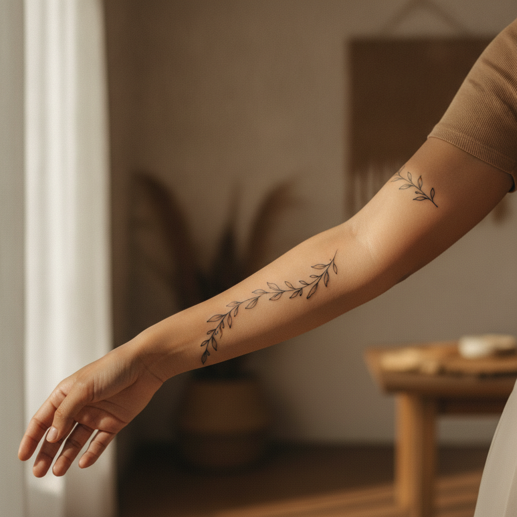 Fine-line botanical arm band tattoo on a woman's forearm in soft daylight