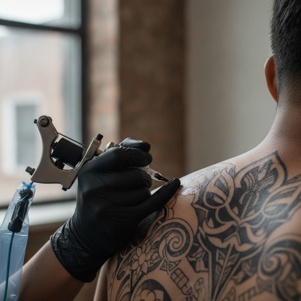 Tattoo artist working on the upper shoulder area of a large ornamental blackwork back piece