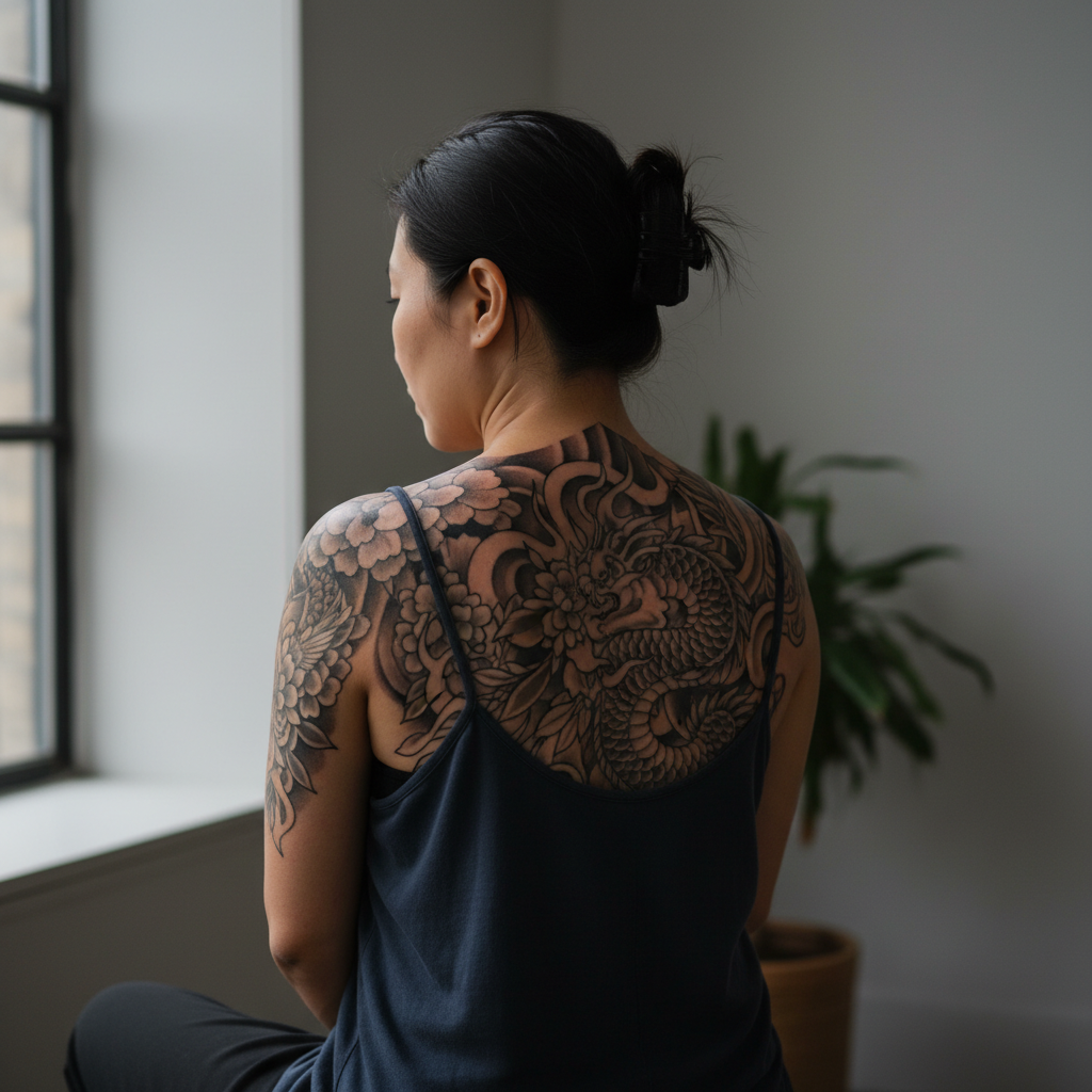 Pan-Asian woman in her thirties showing a partially completed black-and-grey back piece tattoo spanning her shoulder blades, photorealistic editorial photograph