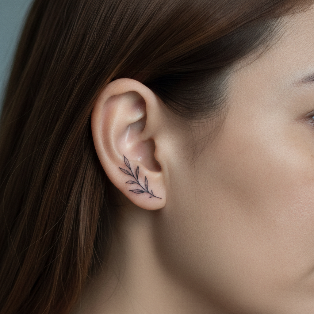 Close-up of a small black botanical tattoo behind the ear