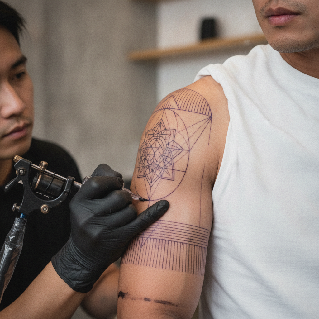 Tattoo artist working a fine-line geometric piece on a Southeast-Asian man's bicep with a rotary machine, stencil lines visible