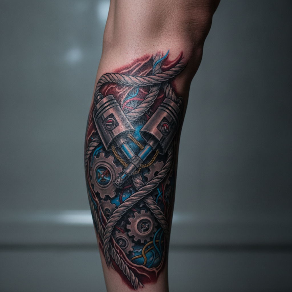 Close-up biomechanical tattoo on a Caucasian woman's calf showing chrome cables and pistons under torn-flesh effect