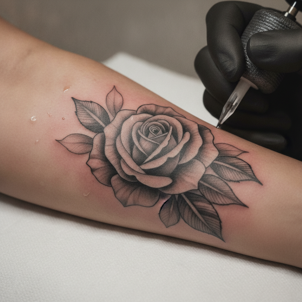 Detailed black and grey rose tattoo in progress on a forearm