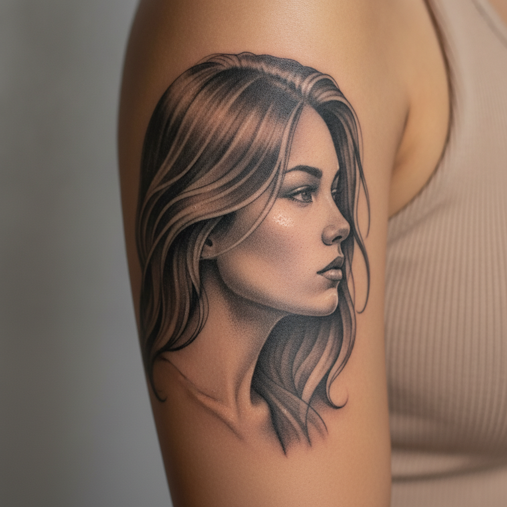 Close-up of a black-and-grey portrait tattoo with smooth grey wash shading on an upper arm