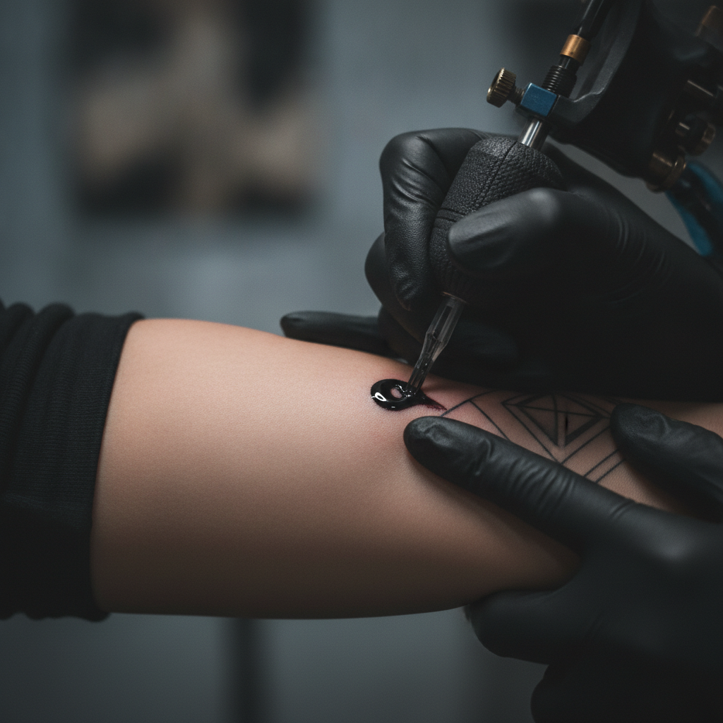 Blackout tattoo in progress on forearm, artist packing solid black ink with magnum needle