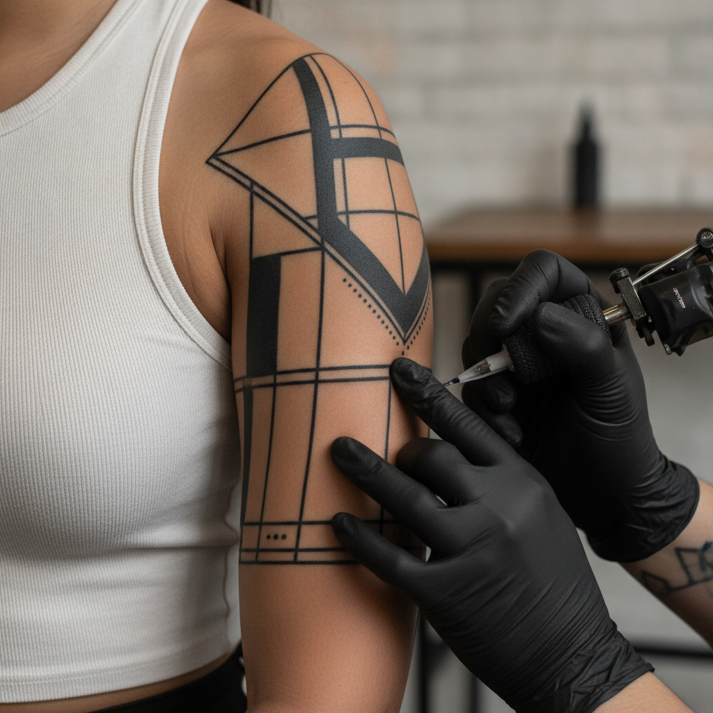 Close-up of a solid black geometric blackwork tattoo with the artist's needle poised above the skin
