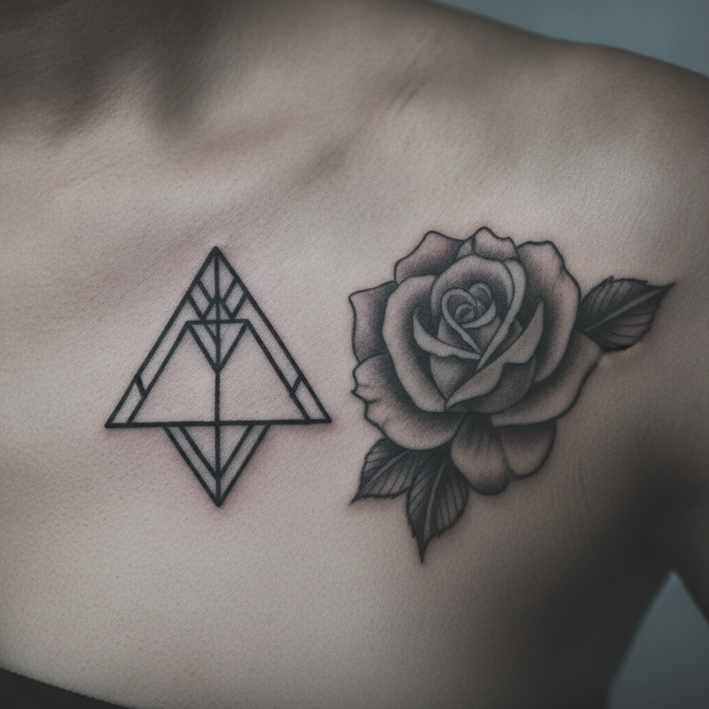 Close-up of healed skin showing a solid blackwork geometric tattoo next to a soft black-and-grey shaded rose, illustrating the tonal difference between the two styles.