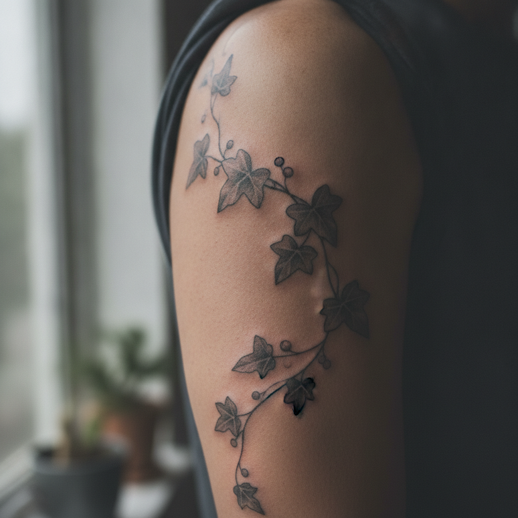 Black-and-grey botanical tattoo of trailing ivy leaves wrapping around a man's upper bicep in natural daylight