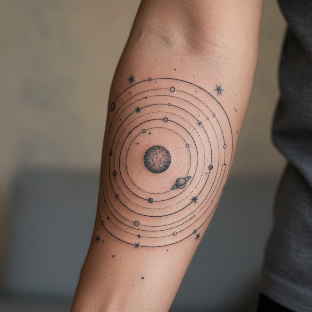 Black-and-grey solar system tattoo with orbital rings on a forearm