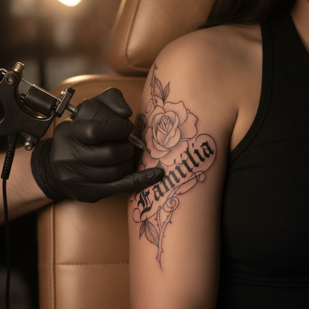 Chicano-style fine-line black-and-grey tattoo in progress on a Latina woman's upper arm