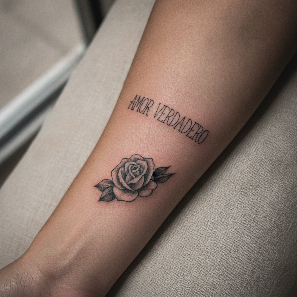 Detailed Chicano black-and-grey forearm tattoo with fine-line script lettering and a small rose, single-needle precision visible on Latina skin