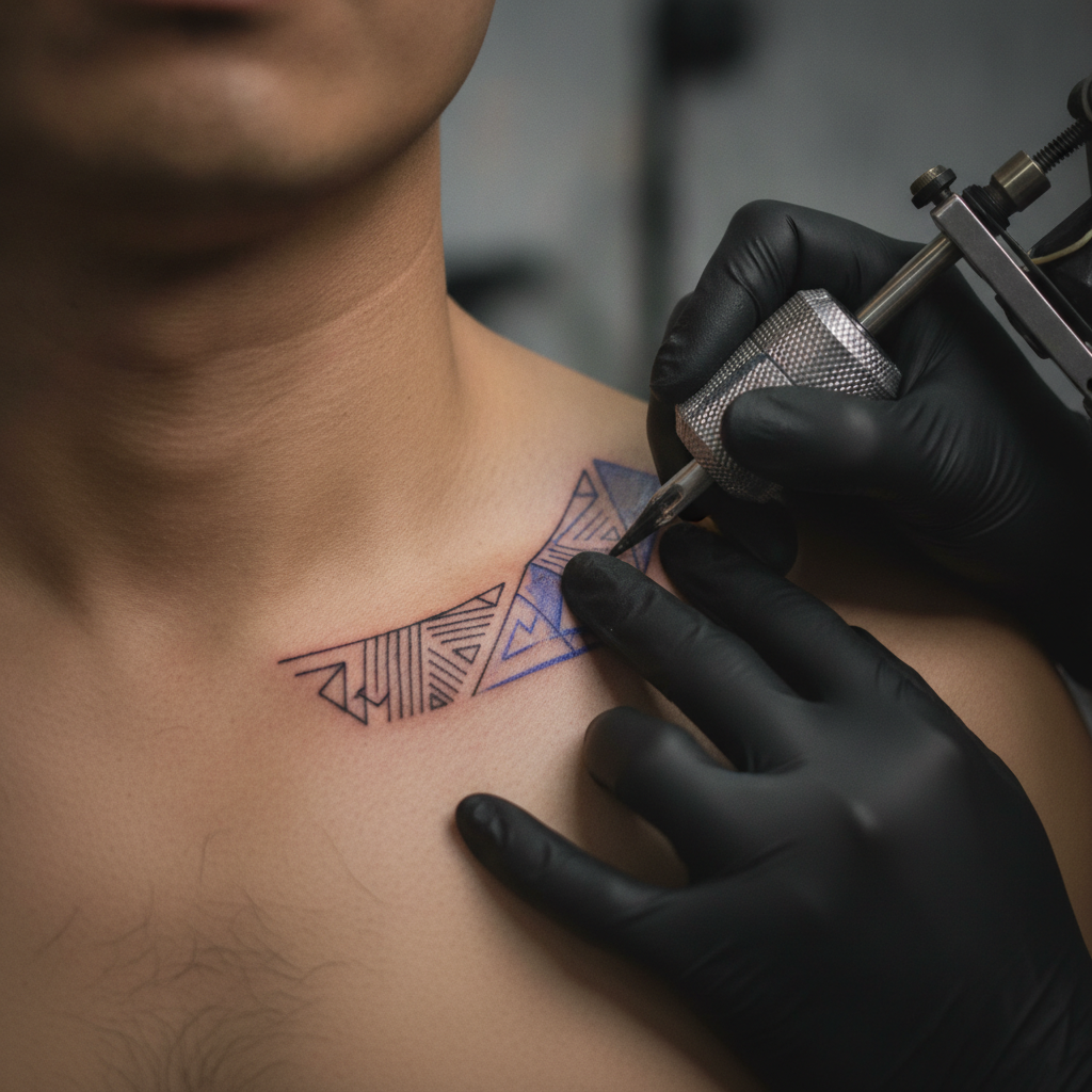 Close-up of a collarbone tattoo session showing fresh linework along the clavicle