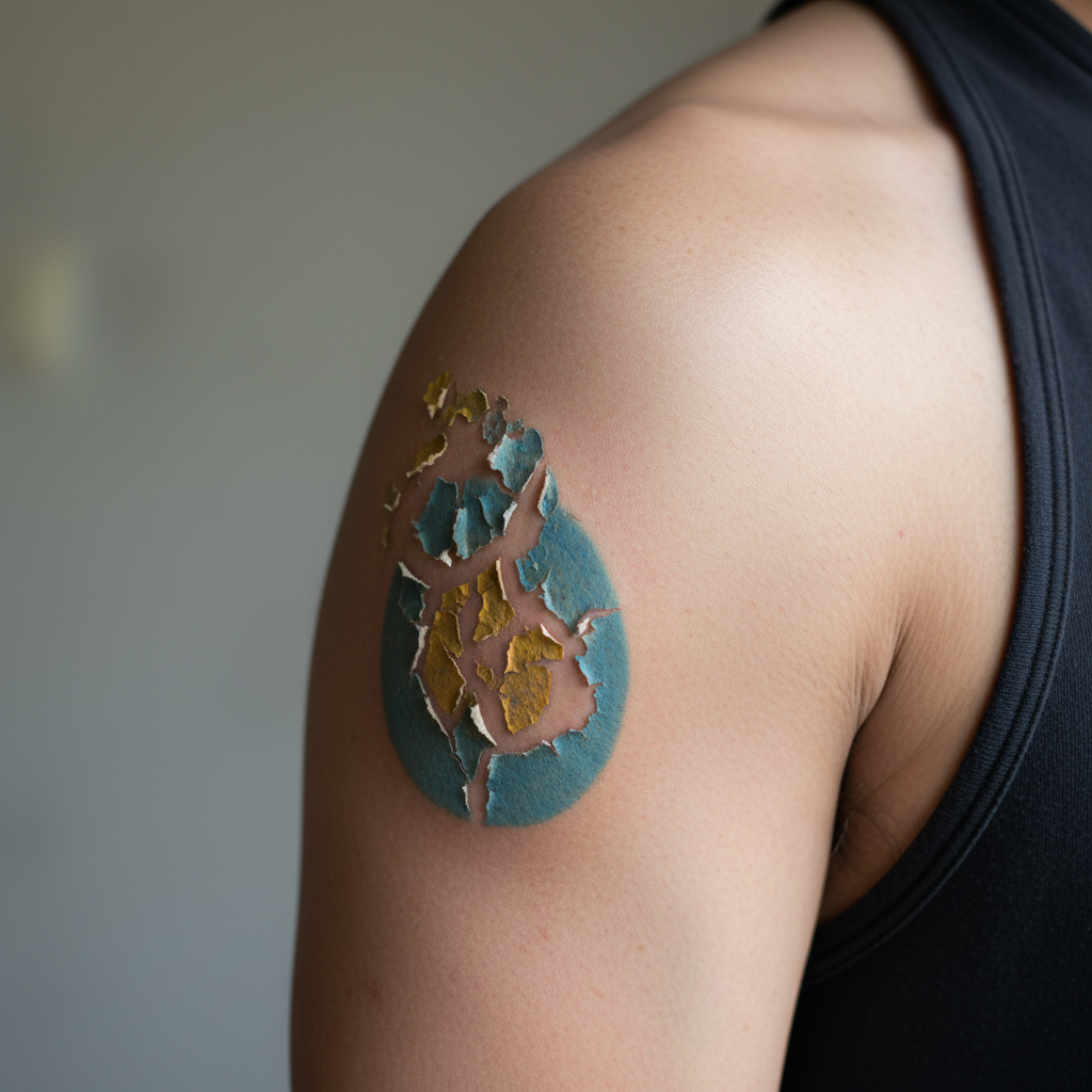 Close-up of a healing color tattoo at the peeling stage showing colored flakes lifting from the blue and yellow areas