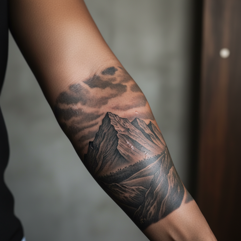 Healed black-and-grey realism mountain tattoo on a forearm