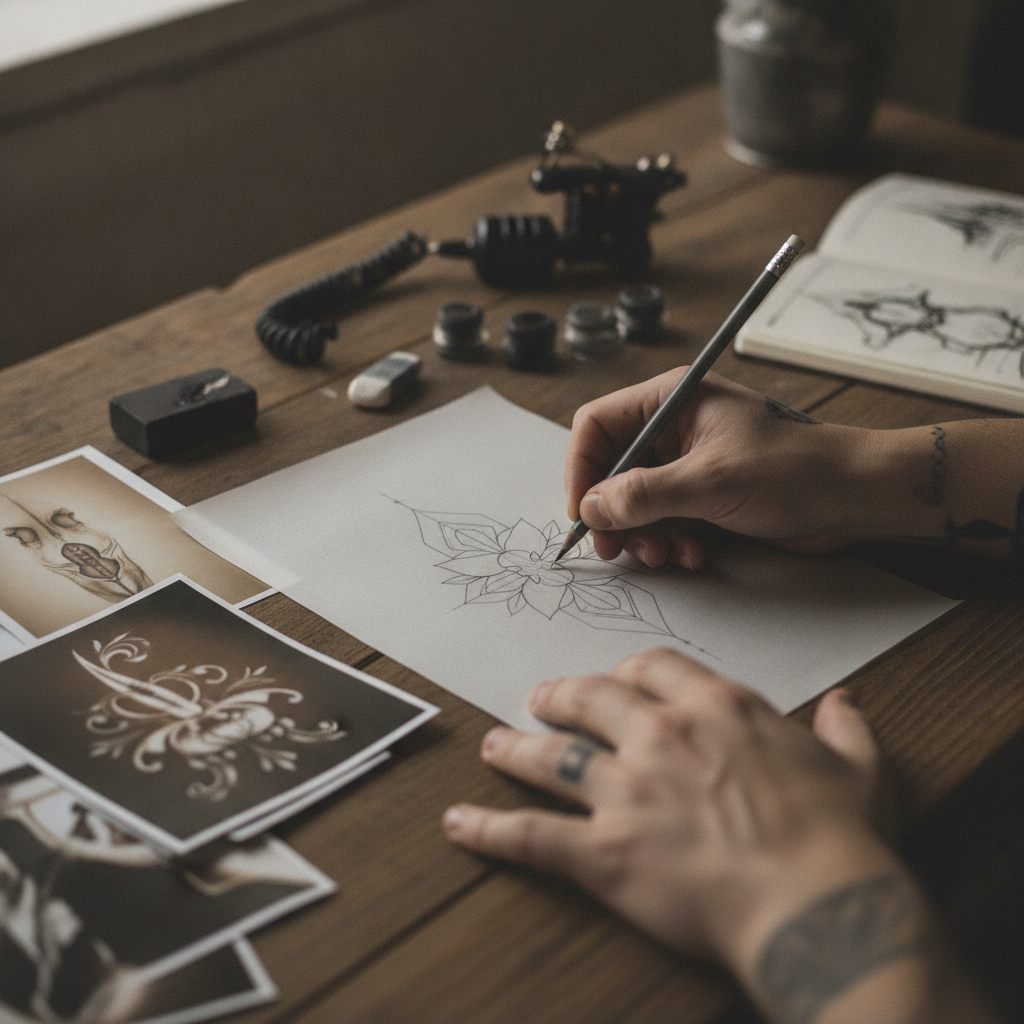 Tattoo artist sketching a custom design on tracing paper with reference photos