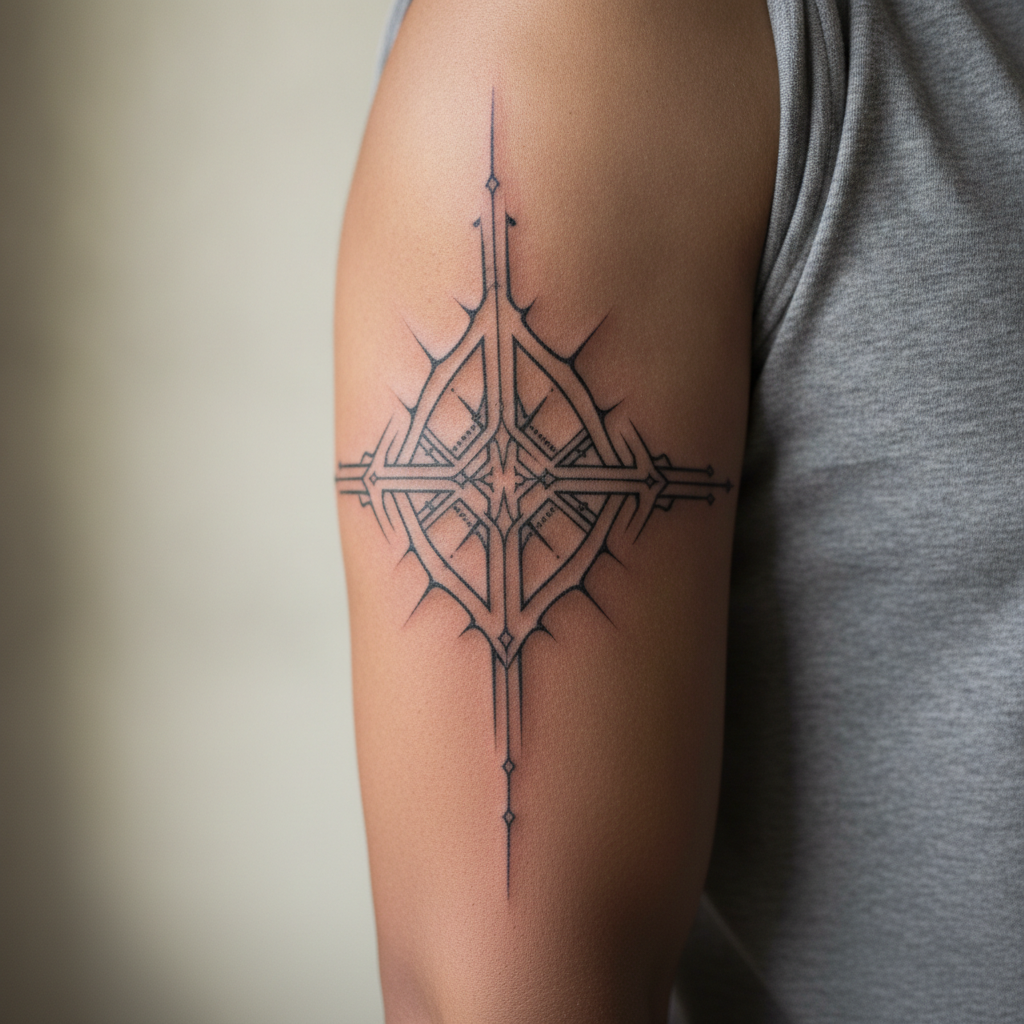 Cyber sigilism tattoo close-up on a Southeast-Asian man's inner bicep, thin black lines forming a spiked geometric sigil