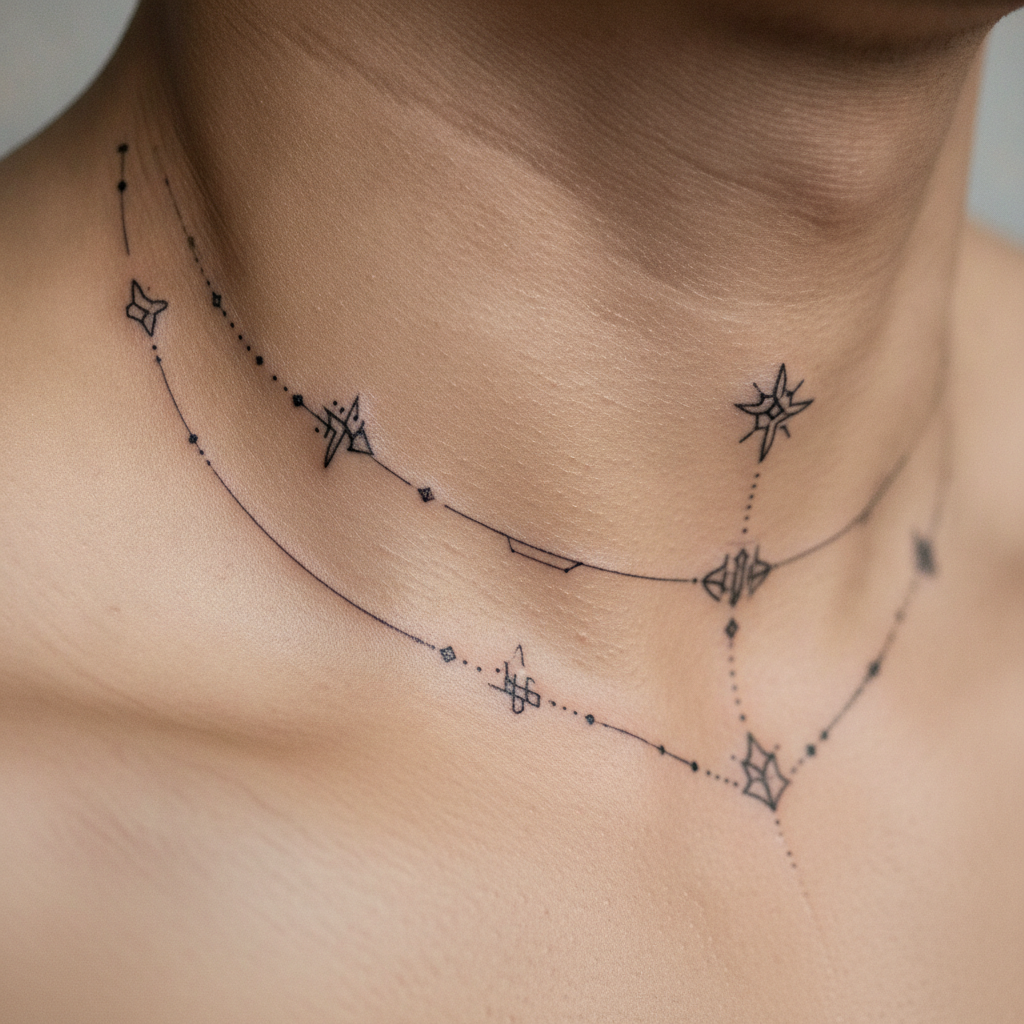 Close-up of a fresh single-needle cyber sigilism tattoo on a collarbone