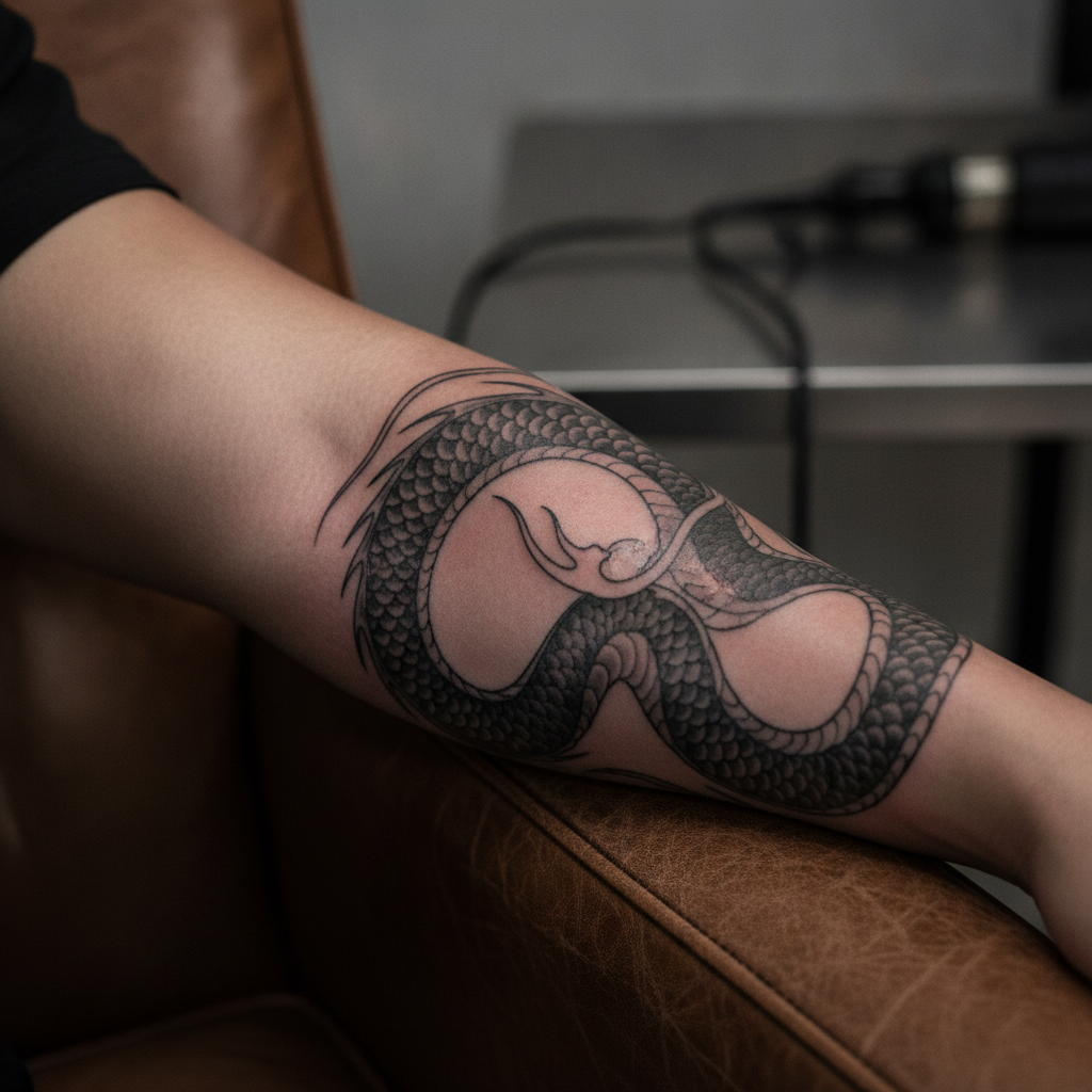 Close-up of a black-and-grey dragon tattoo being refined on a forearm