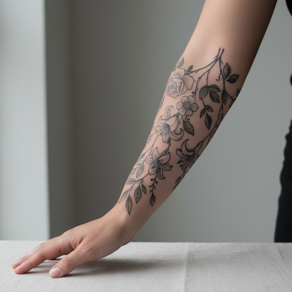 Close-up of a healed black-and-grey botanical forearm tattoo on a pan-Asian woman in soft window light