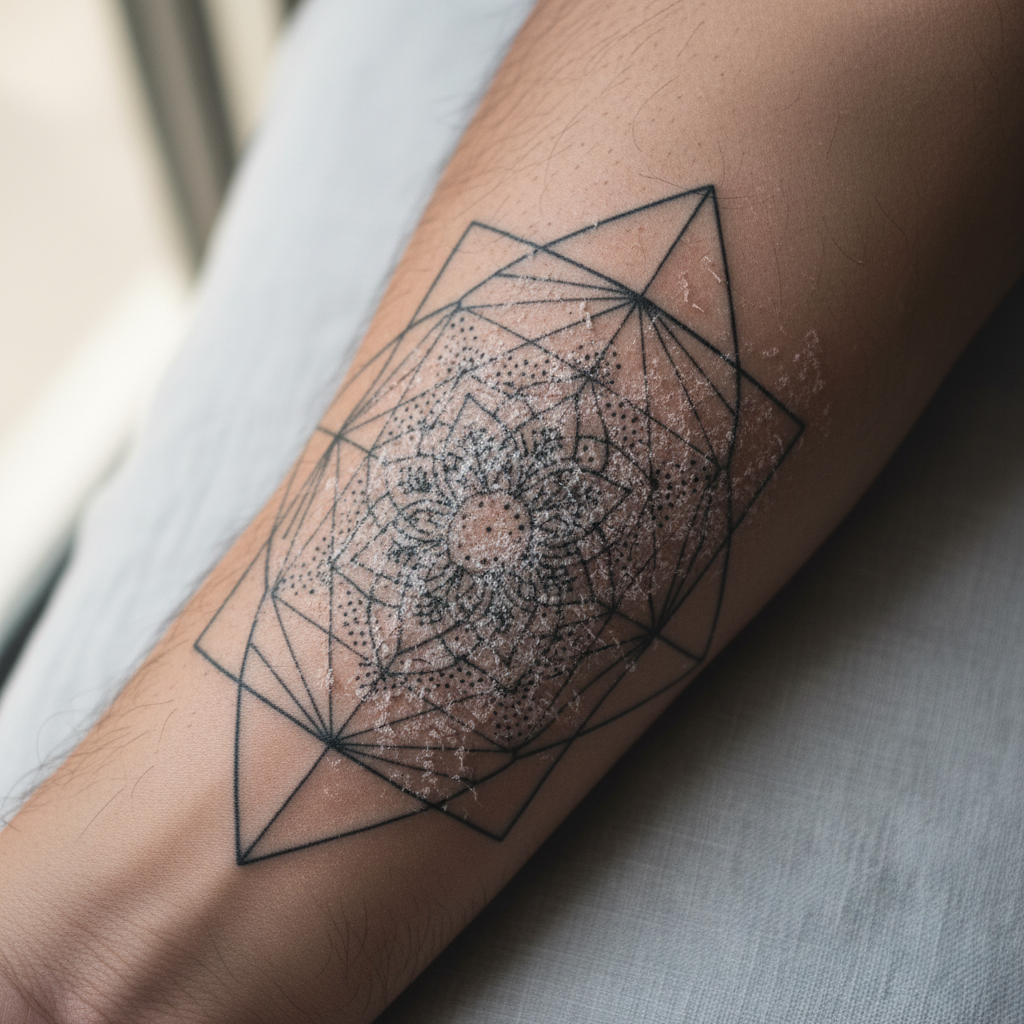 Close-up of a dry healing line tattoo on day seven showing matte skin and light flaking