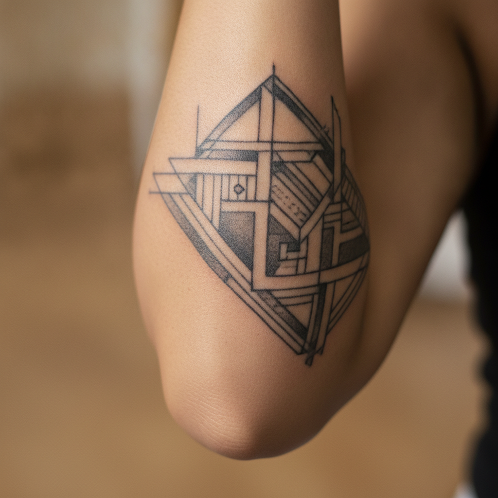 Close-up of a healed black-and-grey geometric tattoo wrapping the outer elbow
