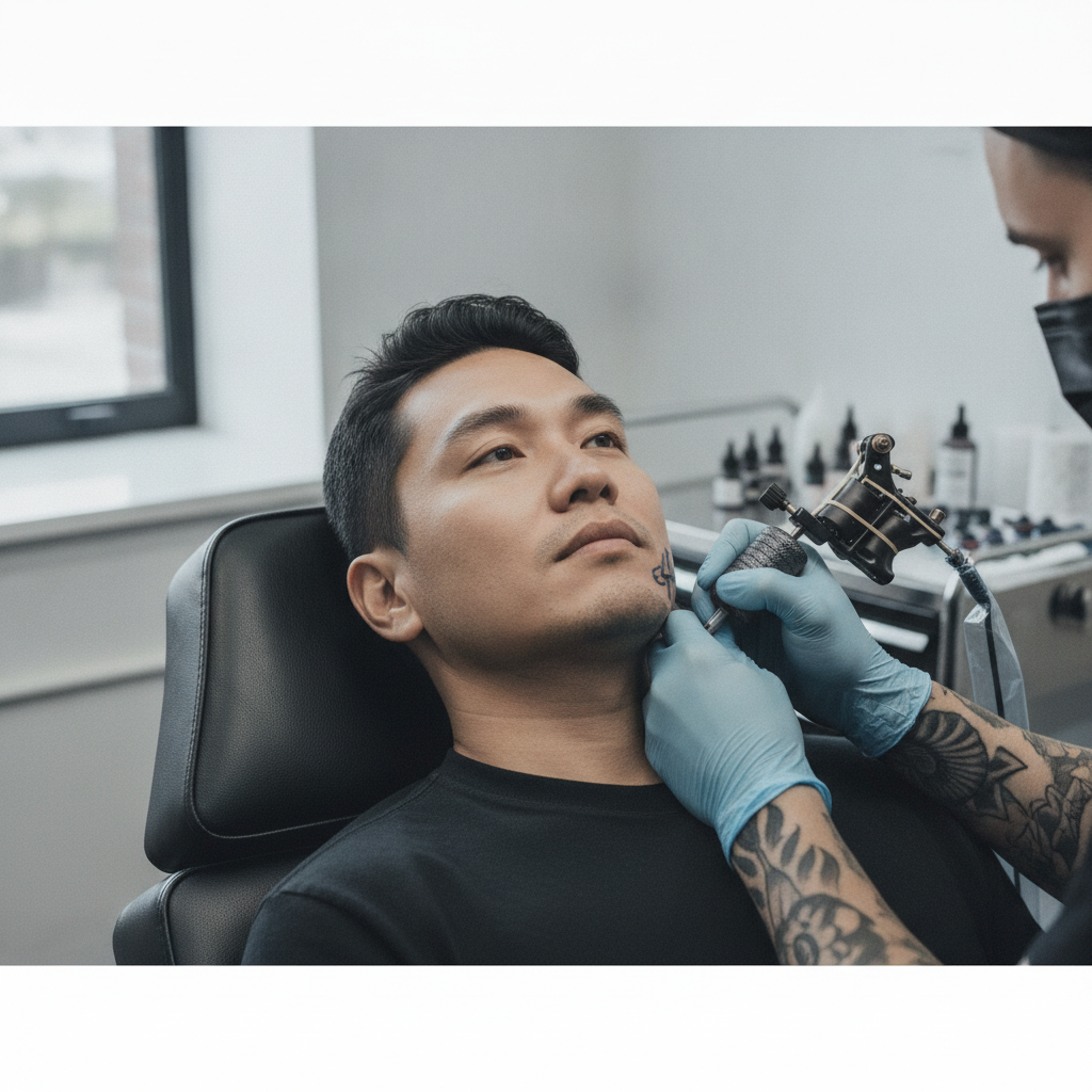 Mixed-race man receiving a small face tattoo along his jawline from a gloved tattoo artist in a sterile studio