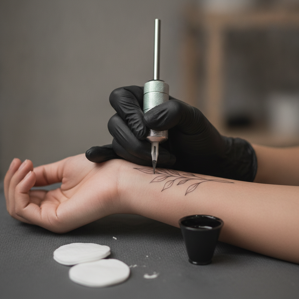 Tattoo artist working a fine-line botanical design with a single-needle machine on a client's wrist