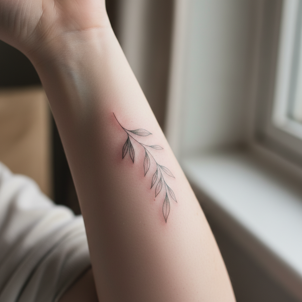Close-up of a delicate fine line botanical tattoo on a forearm