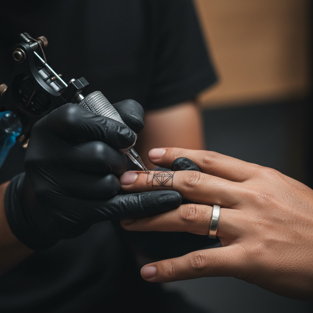 Tattoo artist working a fine-line design onto the side of a man's ring finger