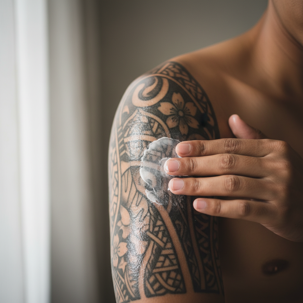 Day four healing tattoo with moisturizer being applied before a flight