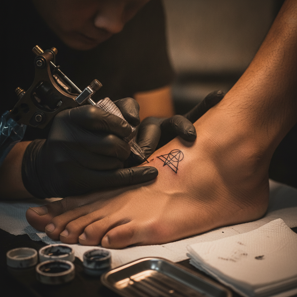 Tattoo artist working a small geometric design on the side of a client's foot near the arch