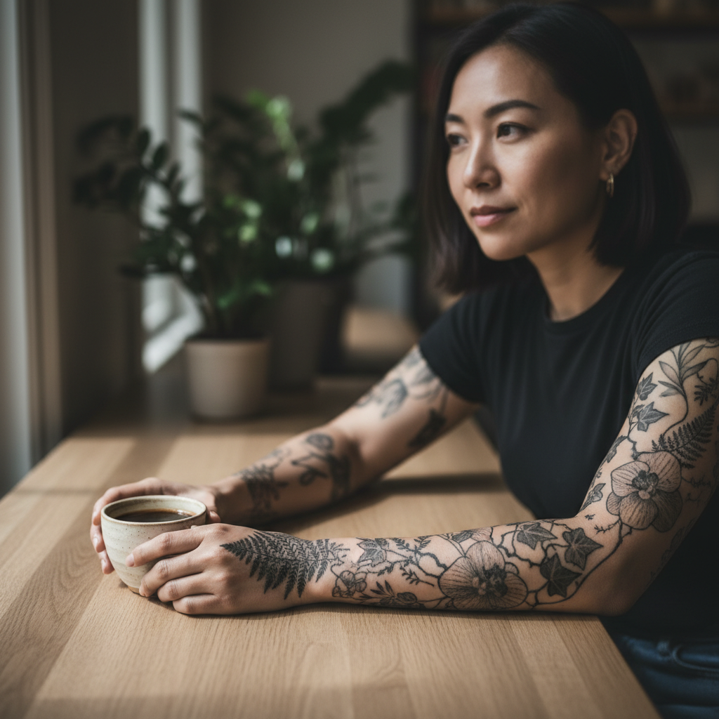 Finished black-and-grey botanical forearm tattoo close-up on a Thai woman's arm