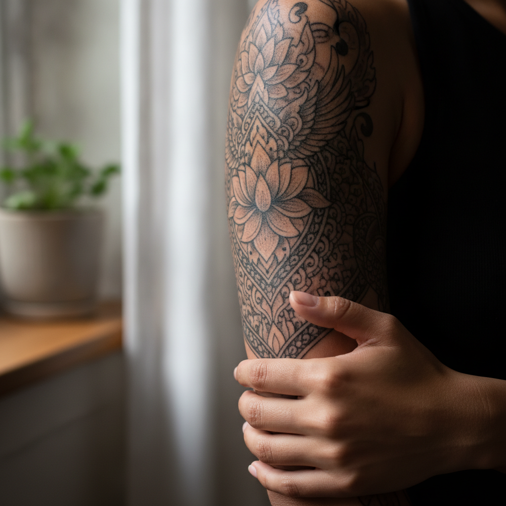 Detailed close-up of a finished black-and-grey full sleeve tattoo on a forearm