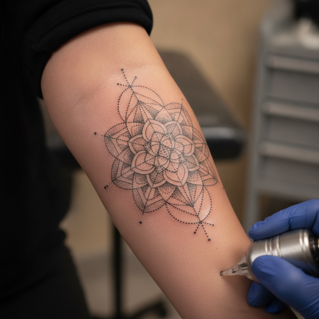Close-up of a fresh geometric dotwork tattoo showing precise linework and sacred geometry pattern