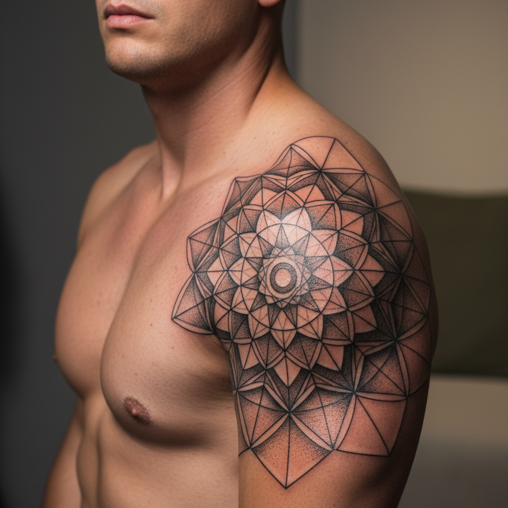 Close-up of a fresh geometric mandala tattoo with precise linework and hexagonal patterns on a forearm