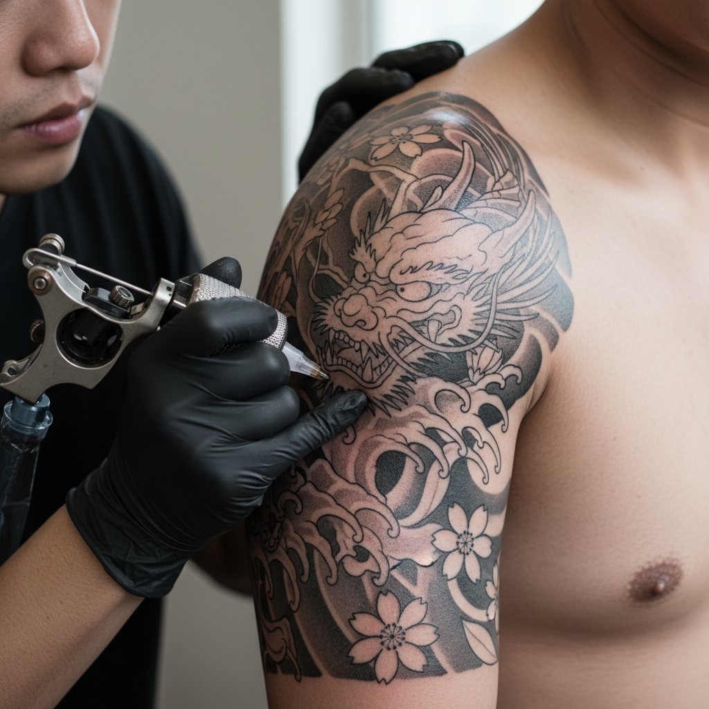 Detailed black-and-grey half-sleeve tattoo in progress on a Southeast-Asian man's upper arm at a modern tattoo studio