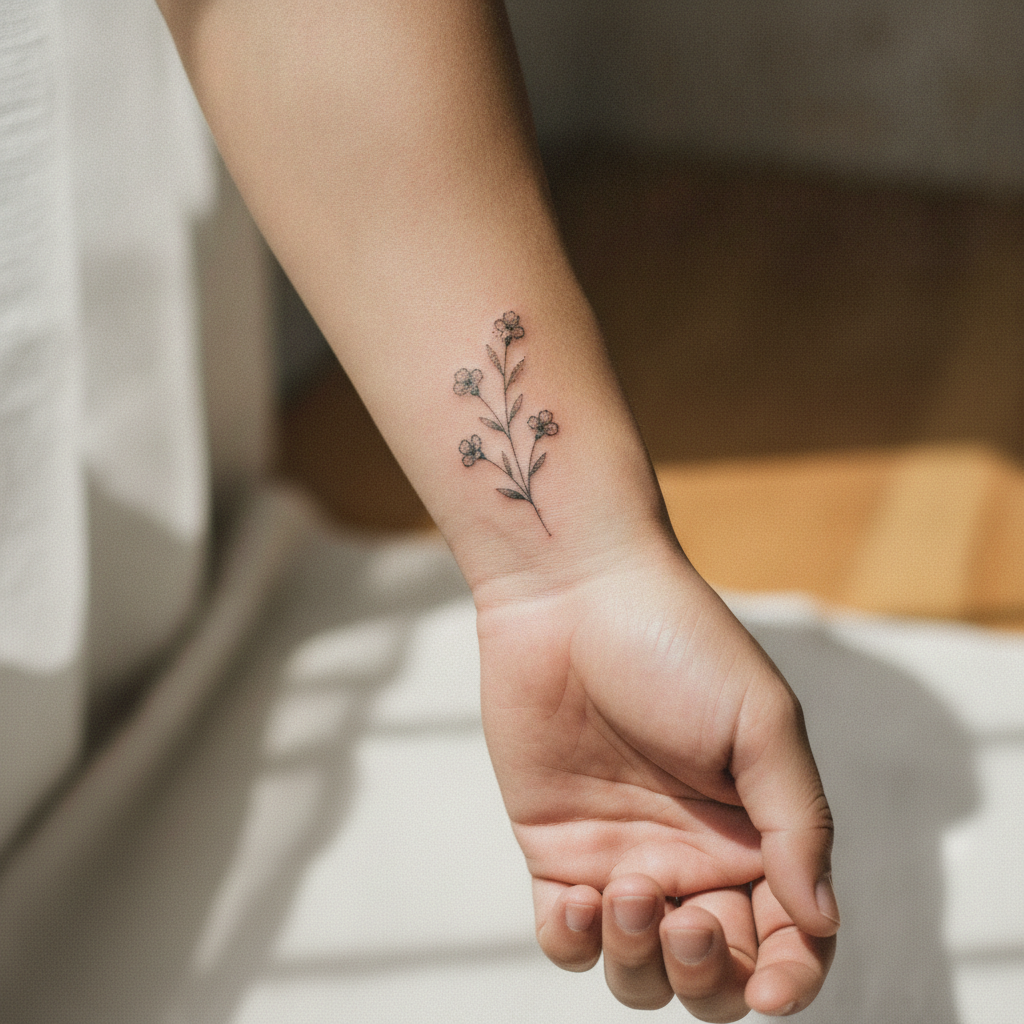 Delicate handpoke botanical wildflower tattoo on a healed inner wrist