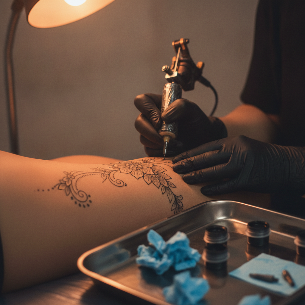 Tattoo artist working on a fine-line ornamental hip tattoo with a machine, ink caps and tissue on a stainless tray beside the client