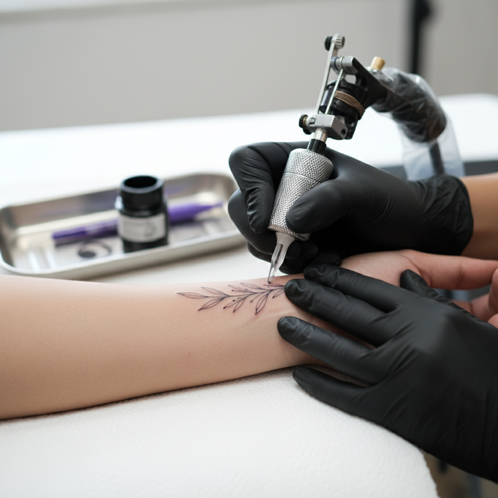 Close-up of a fine-line wrist tattoo being completed on a client's inner wrist, with the artist's gloved hands and tattoo machine in frame